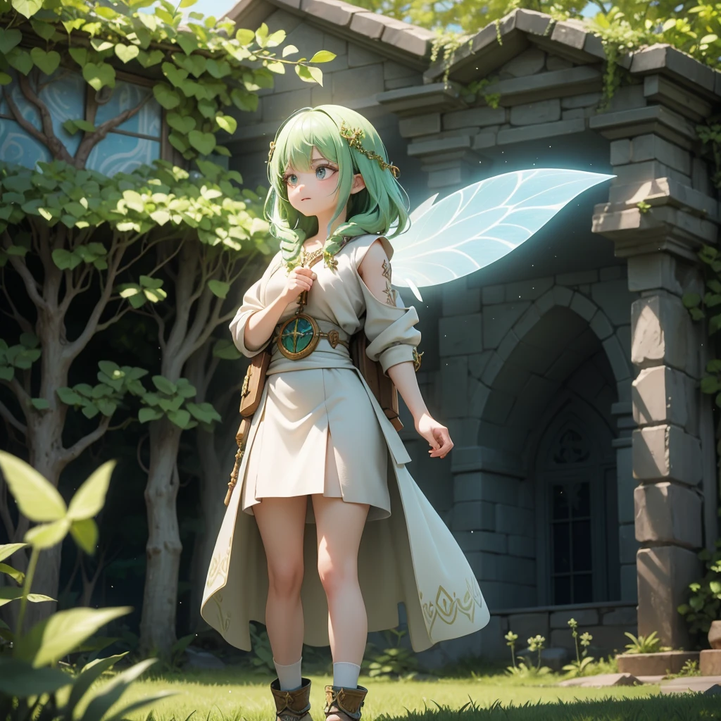 Celtic mythological priestess in long dress、In front of Yggdrasil、There are fairies flying around