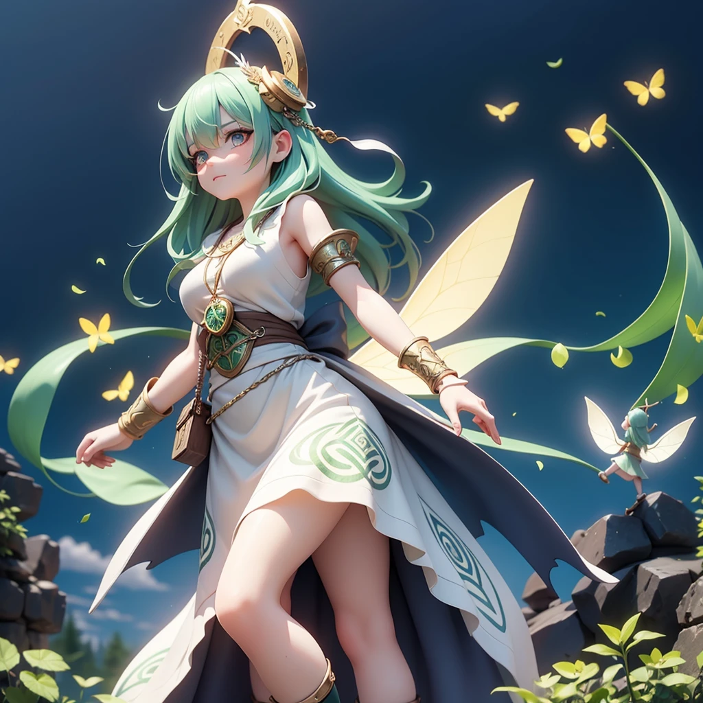Celtic mythological priestess in long dress、In front of Yggdrasil、There are fairies flying around