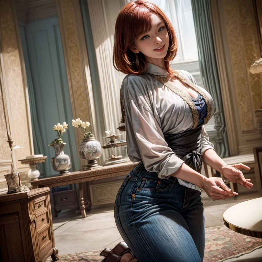 (best quality,4k,8k,highres,masterpiece:1.2),ultra-detailed, 3 Japanese woman, gyaru, five foot five inches tall, ginger colored hair, mole by her left eye, blue button up blouse, maroon jeans, large swollen breasts, wide hips, dancing around mid-western suburban american house, seductive pose, smiling lustfully, looking at viewer lovingly, ((intricate detail)),(((realism))), HDR, 8k, absurdres, cinestill 800, sharp focus, add_detail:2, (solo, woman)
