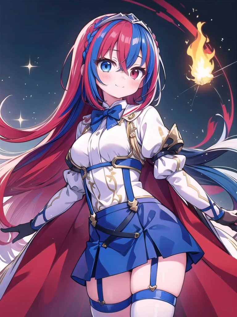 1girl, masterpiece, best quality, perfect hands, smile, blush, closed mouth, long sleeves, blue eyes, red eyes, multicolored hair, red hair, blue hair, crown braid, very long hair, bowtie, suspenders, blue skirt, white thighhighs, blue garter straps, white cape, alear \(fire emblem\), heterochromia, crossed bangs, split-color hair, tiara, armor, gloves, jewelry, thighhighs, skirt, cowboy shot, zettai ryouiki