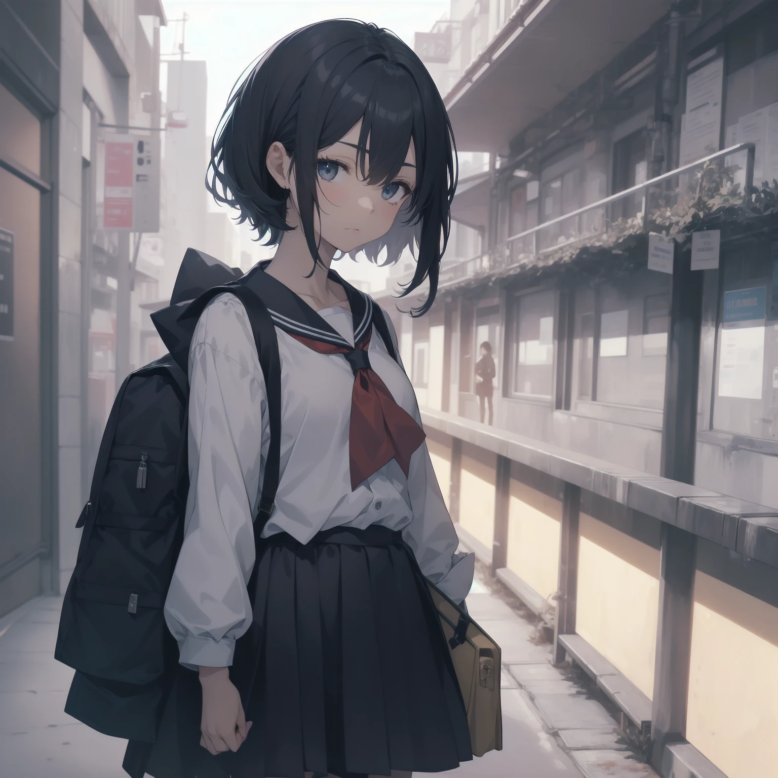 ultra-absurdres-Top quality by artist God, ultra-detailed, high resolution, anime moe artstyle, best anime 8k konachan wallpaper, pixiv contest winner, pool:2810, perfect anatomy,break, 1girl, (Please draw a girl walking sleepily to school alone. )break,(Solo,little female,:1.3),Full limbs, complete fingers,a junior high school student, (very short hair), short cut, flat chest, , small butt, small black eyes, beautiful detailed eyes, well-proportioned iris and pupils, expressive eyes, highres detailed hair, soft expression, salor school_uniform, sailor collar, serahuku, bow, pleated skirt,(Detailed Lighting), (Detailed background), in the School commute route. break,super detailed skin, Best cinematic lighting powered by famous artist, 8k,beauty illustration,photoshop_(medium),very aesthetic,break,((artist:mery_(yangmalgage) )), artist:clamp ,artist:carnelian ,artist:kantoku ,