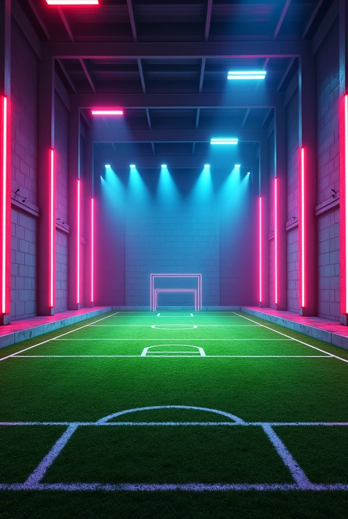 5-a-side football pitch with artificial grass in a warehouse with neon lights