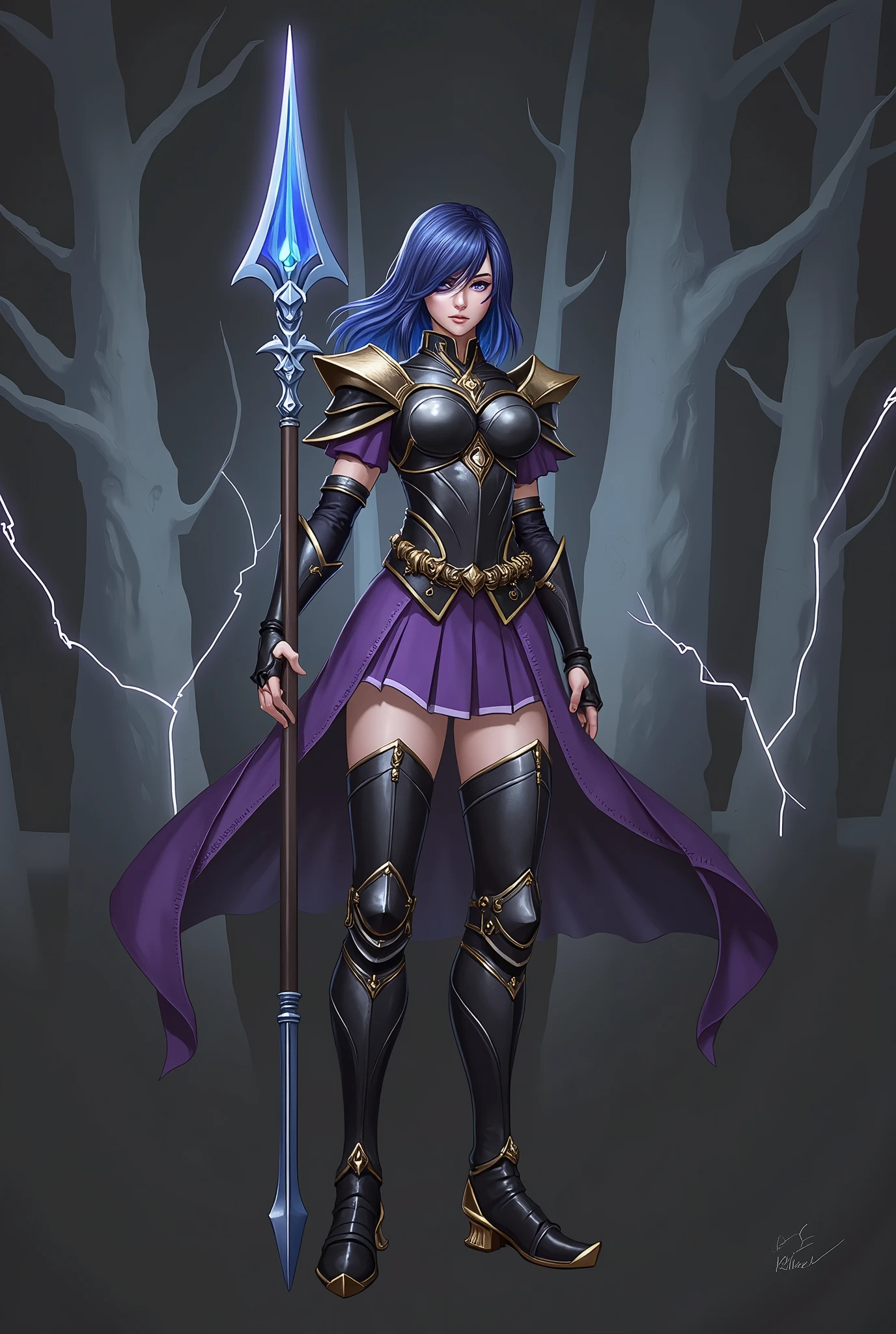 woman warrior, medium hair blue with iridescent highlights, purple eyes, Scars on the hands, black steel realistic chest plate, purple skirt, chainmail pants, shoulder pads, blue spear, black steel boots with gold plating, trees made of ice, lightning, gloomy atmosphere, masterpiece