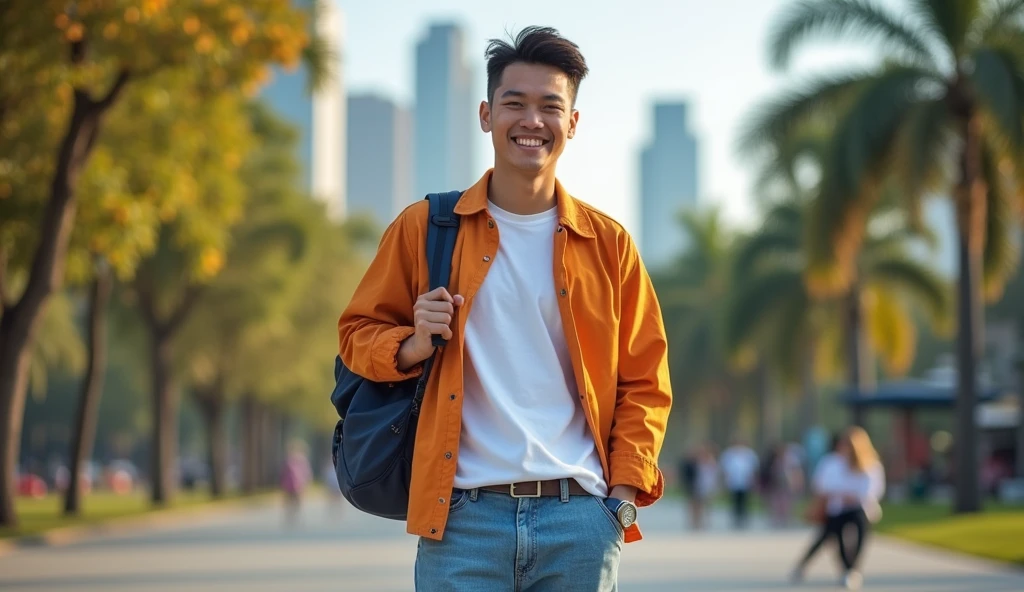 A high-resolution wide-angle photograph of a cheerful and cool model outfit in a white t-shirt with a hiphop jacket over it, paired with baggy jeans. He is carrying a backpack in a color that complements his outfit and posing in City. The photo is taken with a Canon R5 camera, ensuring that the entire image is in sharp focus, capturing the vibrant colors and the expansive, lively atmosphere of the park.