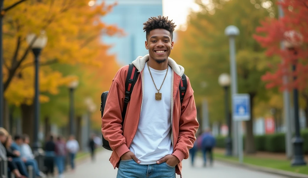 A high-resolution wide-angle photograph of a cheerful and cool model outfit in a white t-shirt with a hiphop jacket over it, paired with baggy jeans. He is carrying a backpack in a color that complements his outfit and posing in City. The photo is taken with a Canon R5 camera, ensuring that the entire image is in sharp focus, capturing the vibrant colors and the expansive, lively atmosphere of the park.