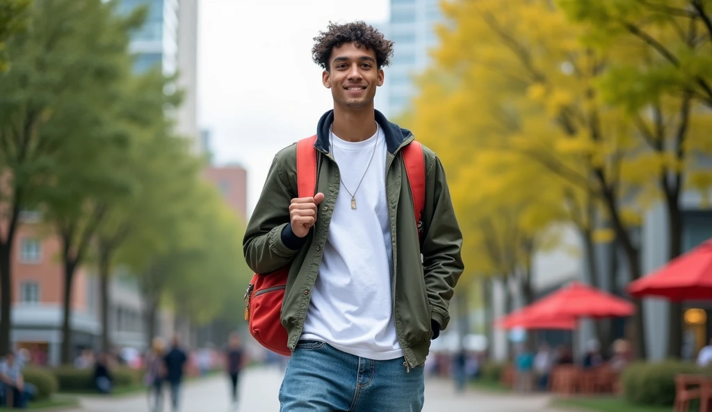 A high-resolution wide-angle photograph of a cheerful and cool model outfit in a white t-shirt with a hiphop jacket over it, paired with baggy jeans. He is carrying a backpack in a color that complements his outfit and posing in City. The photo is taken with a Canon R5 camera, ensuring that the entire image is in sharp focus, capturing the vibrant colors and the expansive, lively atmosphere of the park.