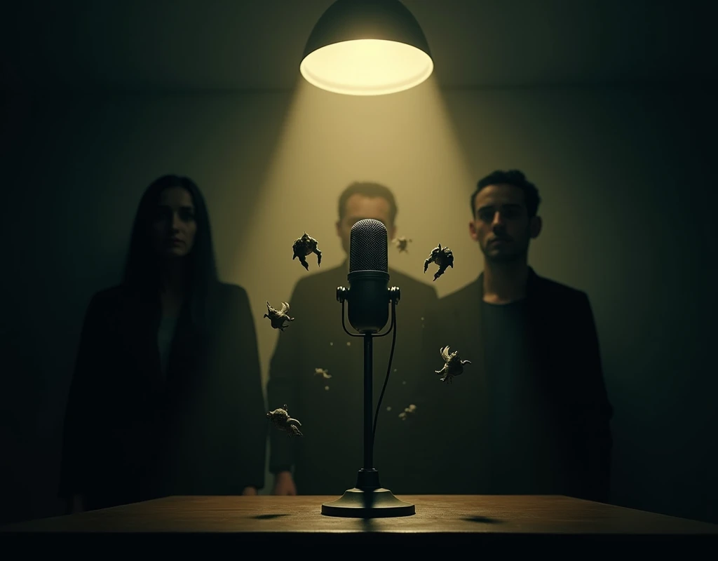 Make a dark room with a lamp above making it throw light towards the floor, the light reveals a microphone, Little ghosts and monsters come out of the microphone, Behind the microphone there are two men and a woman, Their faces are not seen
