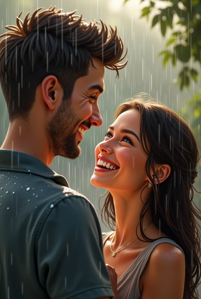 "The wife looks up at her husband with a playful smile, gently laughing as she points out that he is getting soaked in the rain. Her expression shows affection and amusement, while the husband remains cheerful".