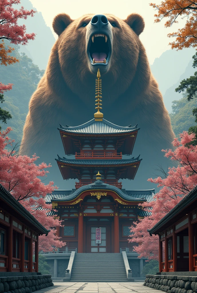 In the foreground a tall Japanese temple with flower branches from the side and above the temple in the background a roaring grizzly bear is said to be above the temple