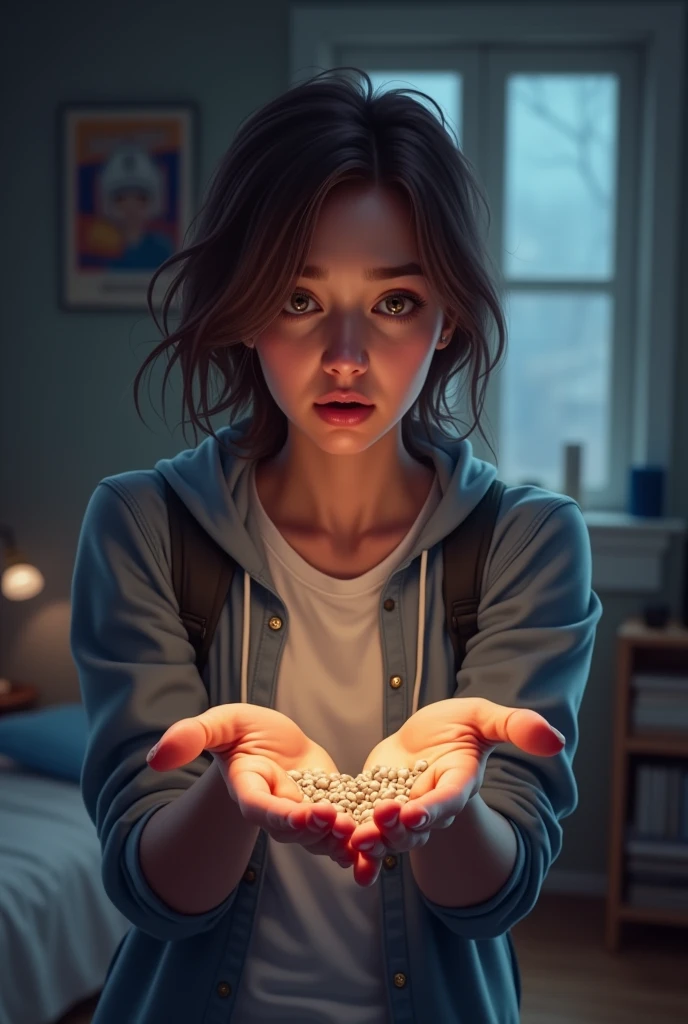 A college student holding drugs in hand