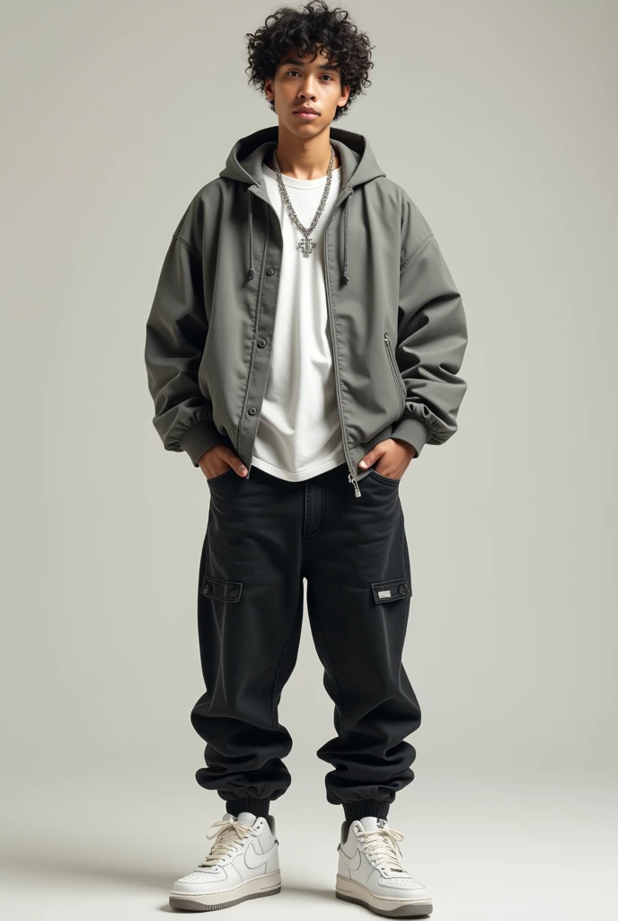 (photorealism:1.2), 6'2 boy with grey  jacket on and underneath, the grey jacket is a white t shirt with a Silver Cross chain with black saggy jeans and white air forces. He has curly hair and whaite and asian
