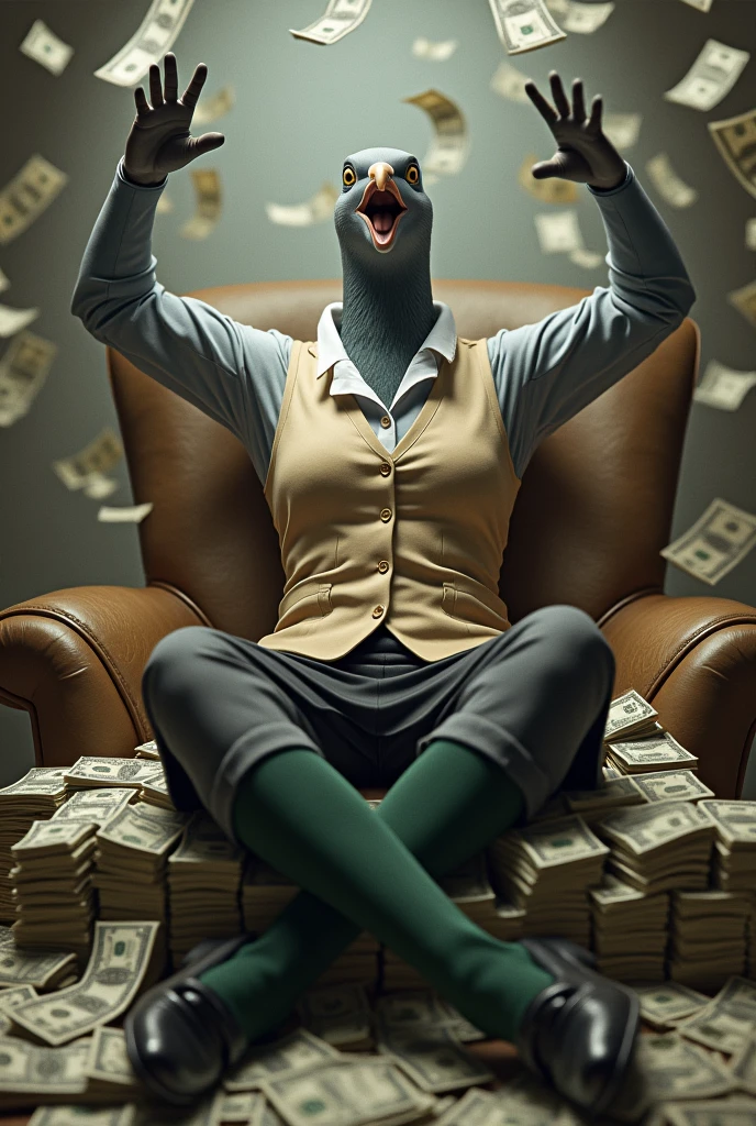 ((Highest quality)), ((masterpiece)), (photograph), (front), (Short sleeve), (Crossing one's limbs), (Bills flying everywhere),((A wave of bills in the room)), A grey female pigeon with her mouth wide open is wearing an off-white collared short-sleeved shirt, a light brown vest, a knee-length black skirt, dark green socks and black shoes.、She is sitting cross-legged in a plush chair with her arms spread above her head、Surrounded by a lot of money, bills flying around, ((A stack of bills that covered the lower half of the body)), Muscular grey female pigeon、photographのようなリアルな画像。