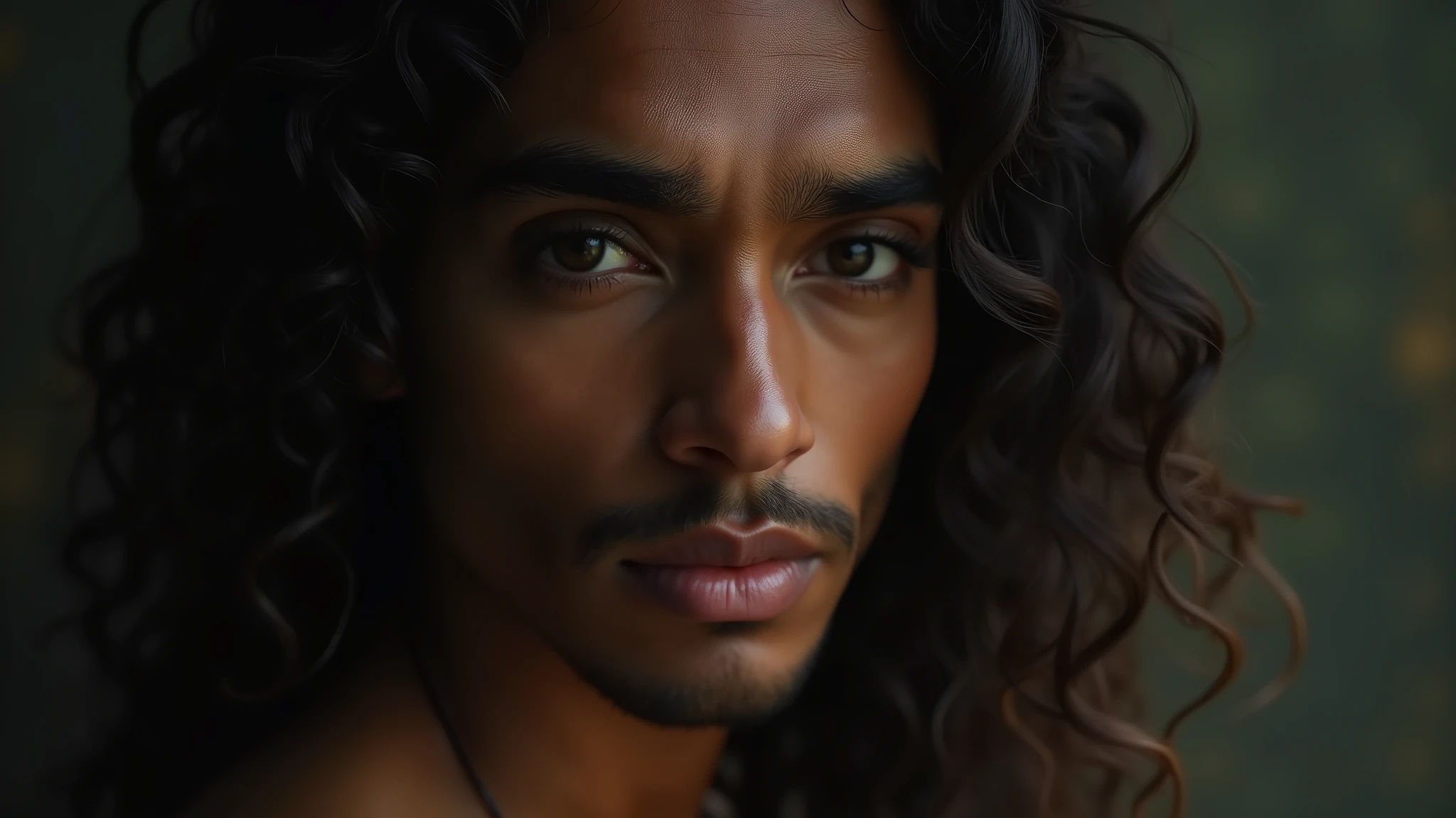 a beautiful mysterious indian man, intricate detailed face, piercing eyes, long eyelashes, delicate skin, natural beauty, flowing hair, candid elegant pose, dramatic lighting, cinematic mood, muted color palette, chiaroscuro lighting, high quality, photorealistic, 8k, intricate details, professional rendering