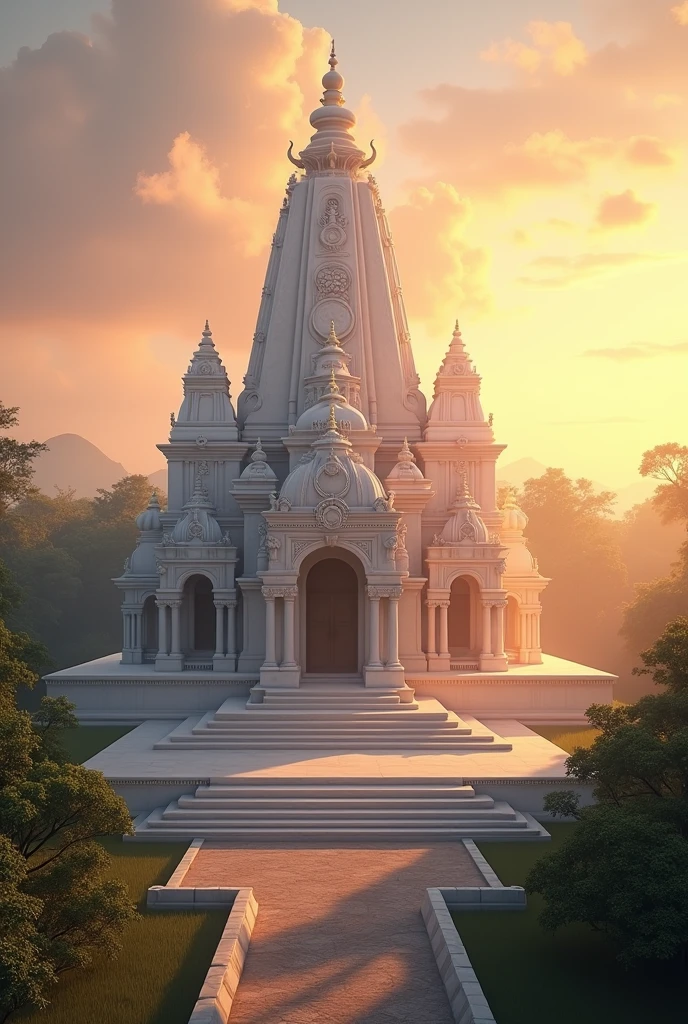 A peaceful Jain temple at sunrise or sunset, with soft, golden light illuminating the white marble or sandstone structure. The sky is a blend of soft oranges, pinks, and purples with delicate clouds. The temple is surrounded by lush green trees and gardens, with a gentle mist in the air, creating a serene and spiritual atmosphere.