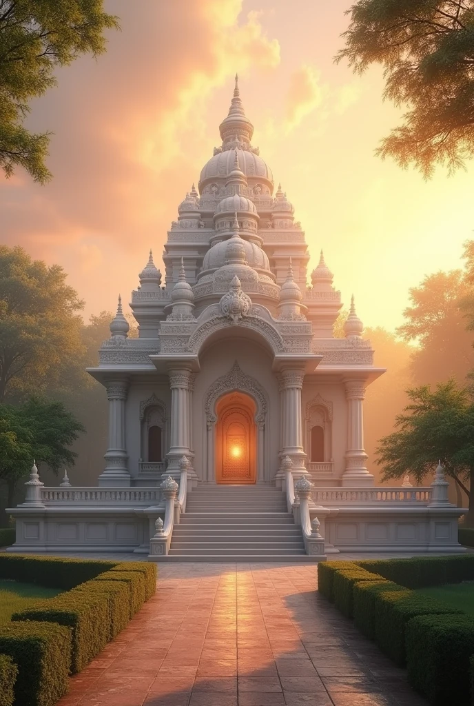 A peaceful Jain temple at sunrise or sunset, with soft, golden light illuminating the white marble or sandstone structure. The sky is a blend of soft oranges, pinks, and purples with delicate clouds. The temple is surrounded by lush green trees and gardens, with a gentle mist in the air, creating a serene and spiritual atmosphere.