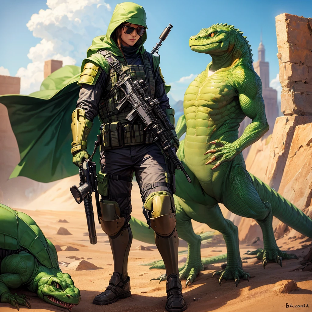 A lizzard with humanoid Body in armor and sunglasses Holding a Bazooka 