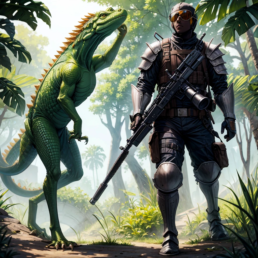 A lizzard with humanoid Body in armor and sunglasses Holding a Bazooka