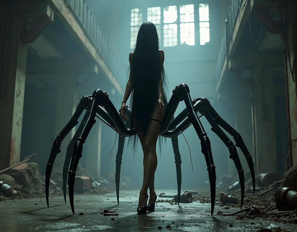 Full HD image of a half-female spider robot with long black hair and long black claws posing in an abandoned warehouse at night.