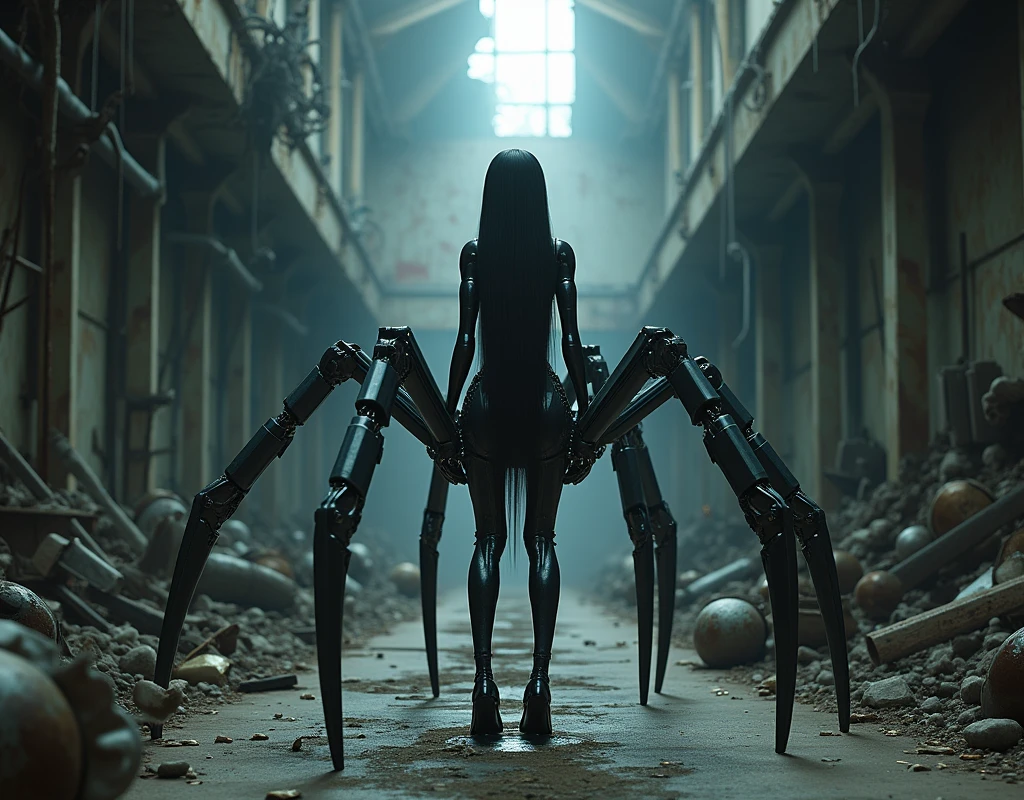 Full HD image of a half-female spider robot with long black hair and long black claws posing in an abandoned warehouse at night.