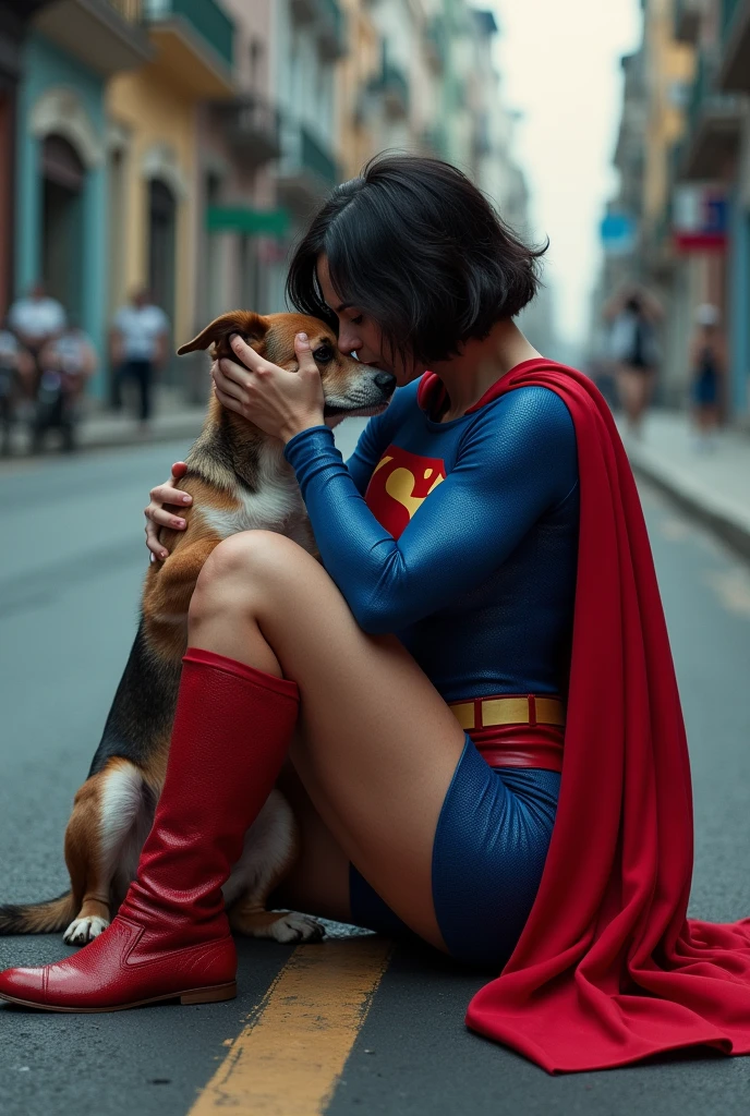 Short haired brunette woman wearing a superman costume, physically strong, sitting on the asphalt street, Hugging a dog, Grieving, side perspective, sobbing.