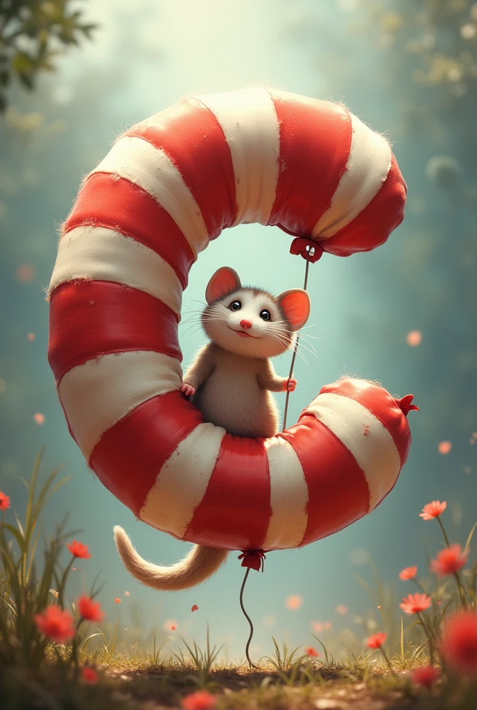   Lyrics "c" in the shape of a balloon striped in red and white colors, floating, but in a hurry by lines being supported by timbu (White-eared Possum)
