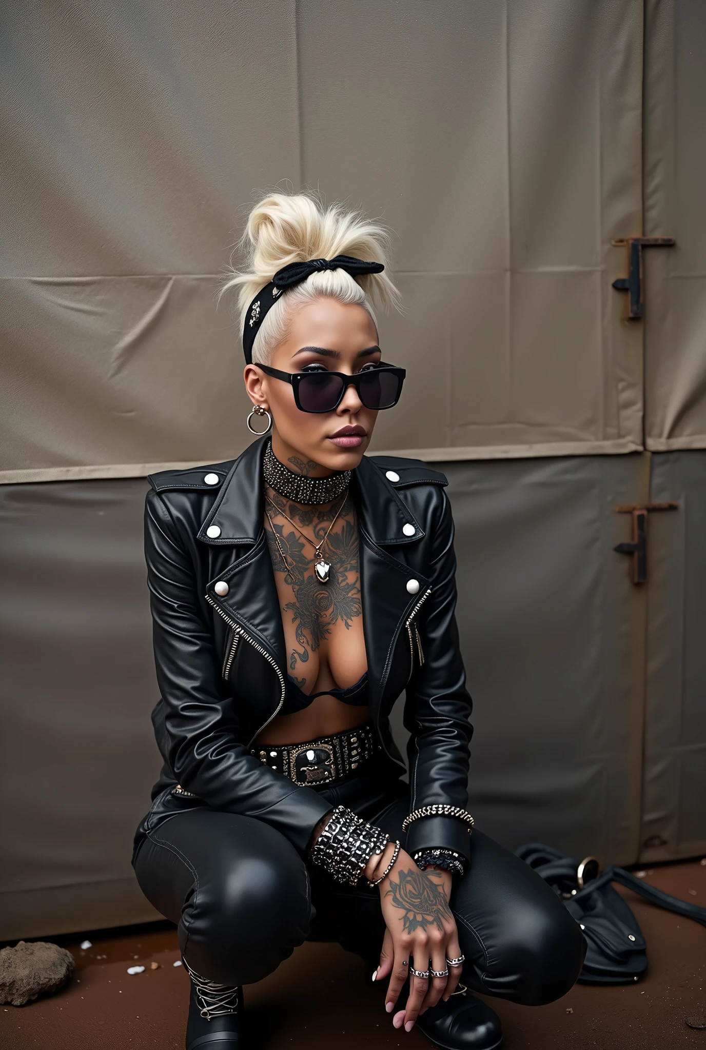Anglosaxon old milf woman, , blonde platinum hair (beehive bun, black parsley headband), with very light green eyes, extremely pale. .Wearing oversized square black maxisunglasses Wearing studded cropped black moto jacket (verical zippers on the sides,skull badges on sleeves). Black lace push up bra, skinny leather jeans. Silver Chelsea boots with cuban heels. Lots of thick wide studded bracelets, chain collars and big rings. Tacky wide studded leather belt, with big skull and bones round buckle. Long earrings with chains. Squatting on a large torm, dirty usa flag, looking at the photographer. Craving heavily. Hands on knees. Waste and trash all over the floor. Her studded leather bag, thron away. Looking at the camera, chin up. Toned abdominals, thin neck, slim legs and thin arms. Neck, chest, belly, hands and arms completely tattoed. Dirt road of Nairobi after the rain, puddles on the ground,crowded with muscular shirtless men in jeans, street full of puddles and garbage. Her studded black leather bag is a few metres behind her