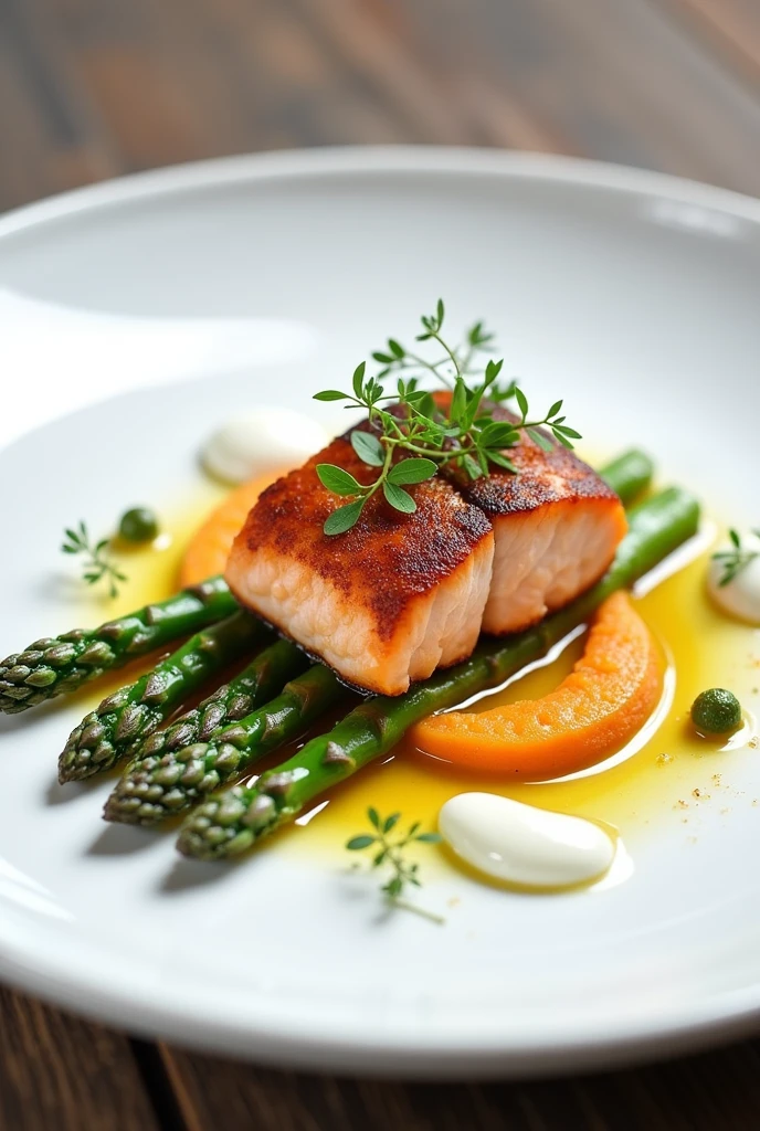 Salmon confit on asparagus, white sauce, herb oil and sweet potato puree. Beautiful dish.
