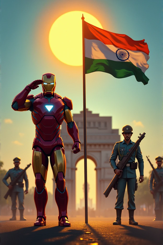 Look like Realistic : , iron man in India with indian army and police officer with theirs weapon and salute to India🇮🇳 flag at india gate, sky colour is blue shiny with beautiful yellow sun raise