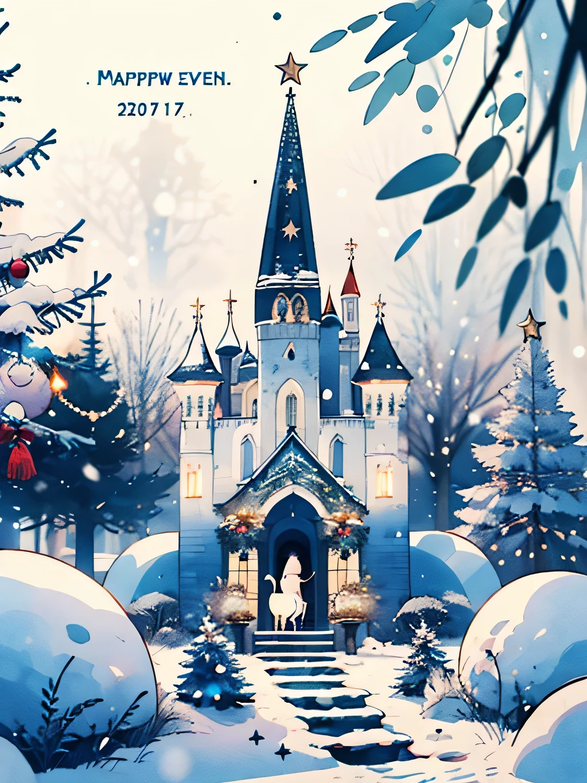 (((Masterpiece))),Best Quality, Whitetown, Russian New Year, Salutes , Bright color, snowing, Christmas tree, balls on the Christmas tree, Hut in the woods, New Year's Eve