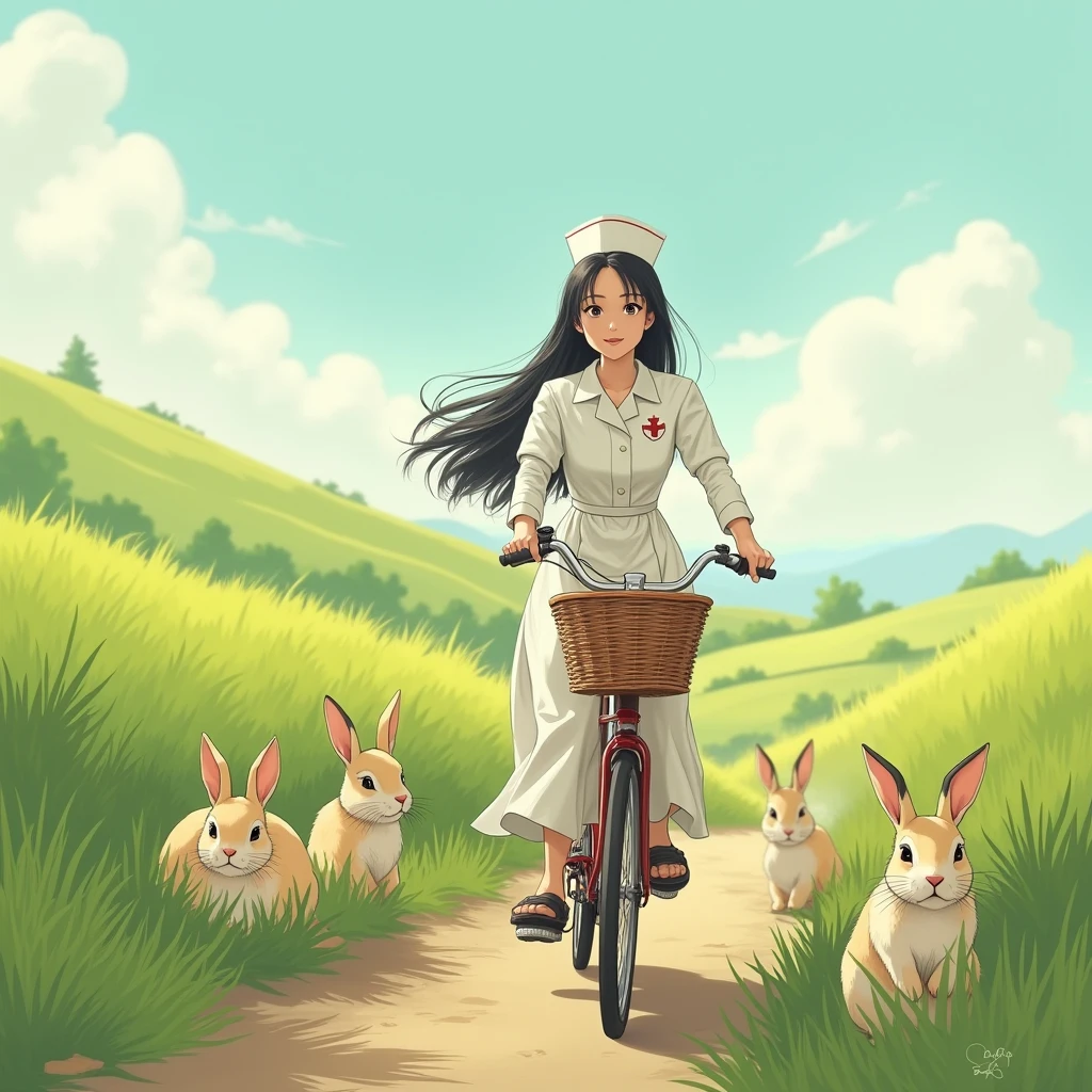 Dark-haired nurse riding a bicycle、There are also rabbits