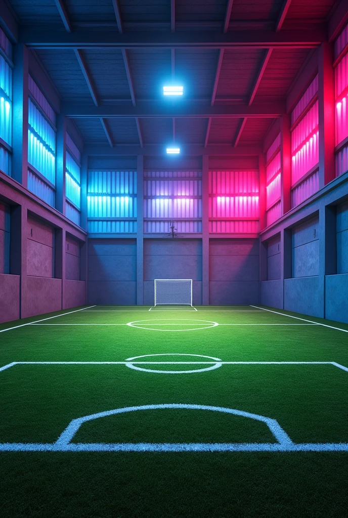 5-a-side football pitch with artificial grass in a warehouse with neon lights