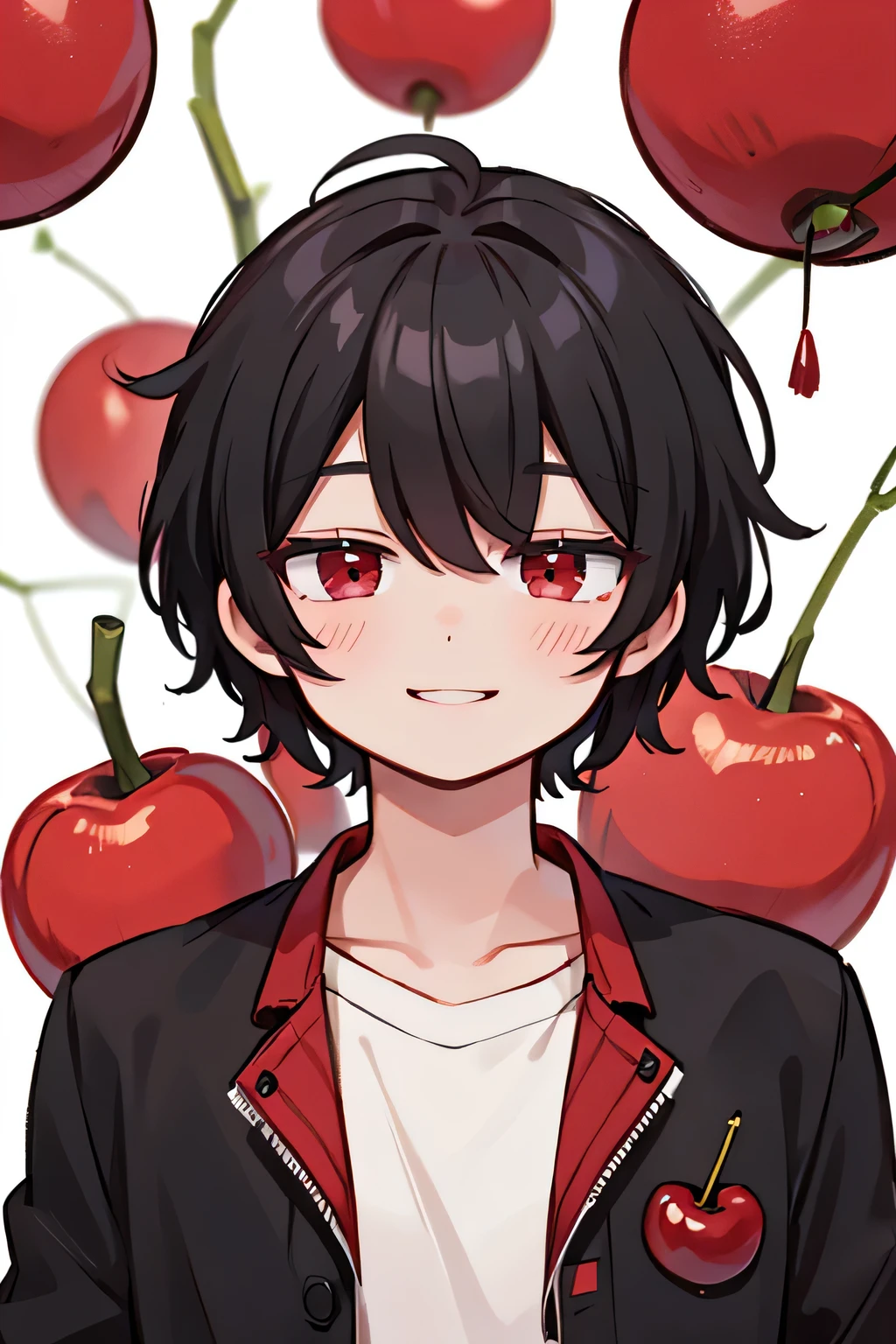 Man Playfully Smiling Man Black Hair Red Eyes Cherry