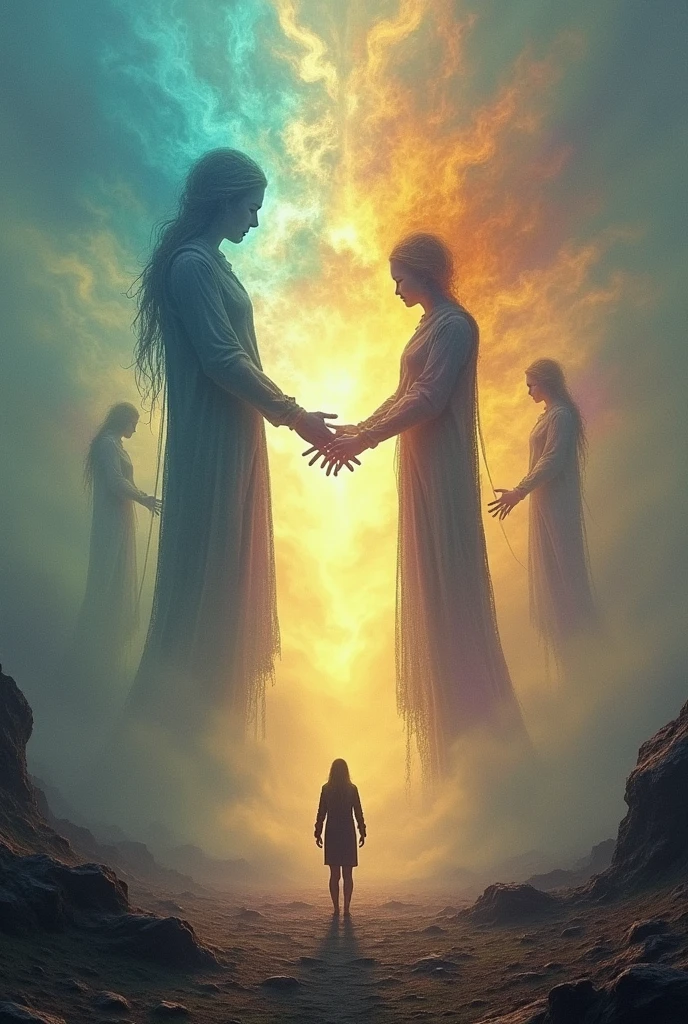 "Depict a lone figure running through a dreamlike, otherworldly landscape, desperately reaching out to grasp towering, ethereal silhouettes. These giant forms shimmer with hues of gold, blue, and purple, representing the cycle of dawn, noon, and twilight. The figure’s hands pass through the silhouettes as they begin to dissolve into the misty air, evoking a sense of fleeting presence. The ground is a patchwork of faded, torn pages, and the sky above shifts rapidly, bathed in swirling, otherworldly colors that create an atmosphere of urgency and longing."