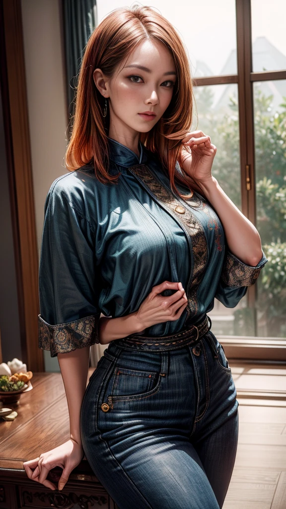 (best quality,4k,8k,highres,masterpiece:1.2),ultra-detailed, 1woman, Japanese woman, gyaru, five foot five inches tall, ginger colored hair, mole by her left eye, blue button up blouse, maroon jeans, large swollen breasts, wide hips, dancing around mid-western suburban american house, seductive pose, smiling lustfully, looking at viewer lovingly, ((intricate detail)),(((realism))), HDR, 8k, absurdres, cinestill 800, sharp focus, add_detail:2, (solo, woman)
