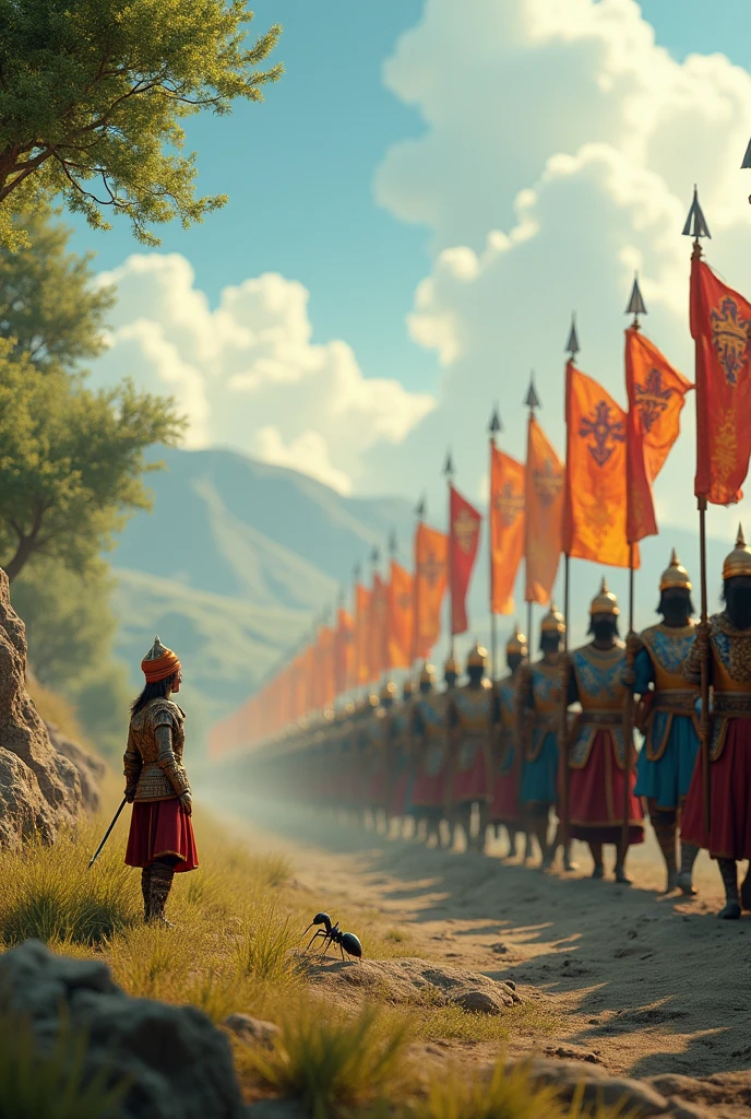 Create a 4K high-quality visual showing an ant observing a massive army passing by. The scene should depict the ant standing near its colony's entrance, looking up as a grand, majestic army of humans, jinn, and animals march in formation. The army should be depicted with traditional Islamic-style armor and banners, creating a sense of awe and scale. The background should include a serene, natural landscape, highlighting the contrast between the small ant and the vast army, emphasizing the humility and grandeur in the story of Prophet Suleiman."






