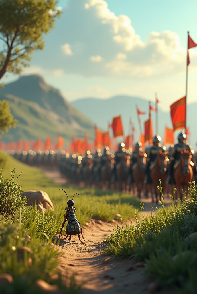 Create a 4K high-quality visual showing an ant observing a massive army passing by. The scene should depict the ant standing near its colony's entrance, looking up as a grand, majestic army of humans, jinn, and animals march in formation. The army should be depicted with traditional Islamic-style armor and banners, creating a sense of awe and scale. The background should include a serene, natural landscape, highlighting the contrast between the small ant and the vast army, emphasizing the humility and grandeur in the story of Prophet Suleiman."
