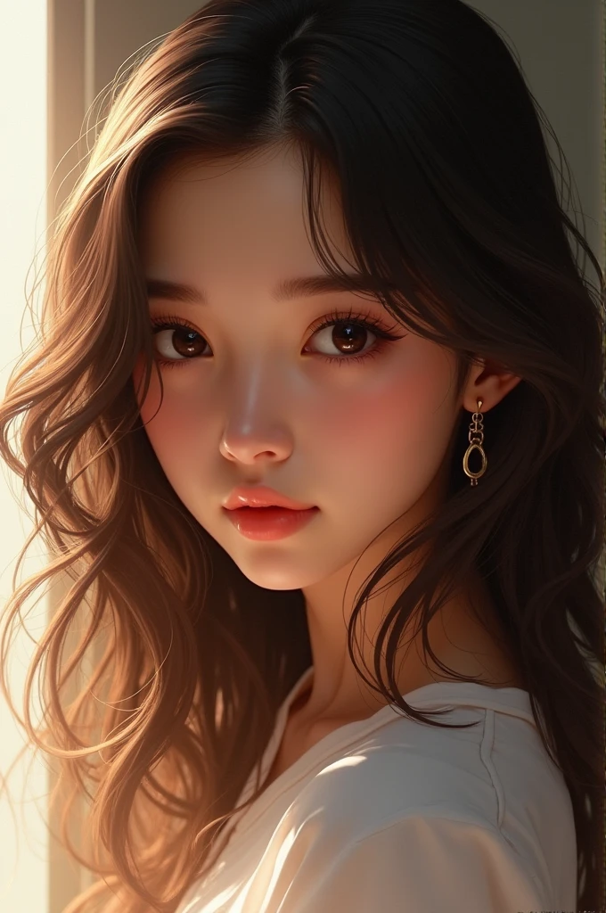 a girl of about 15, brunette with almond-shaped eyes and curly hair