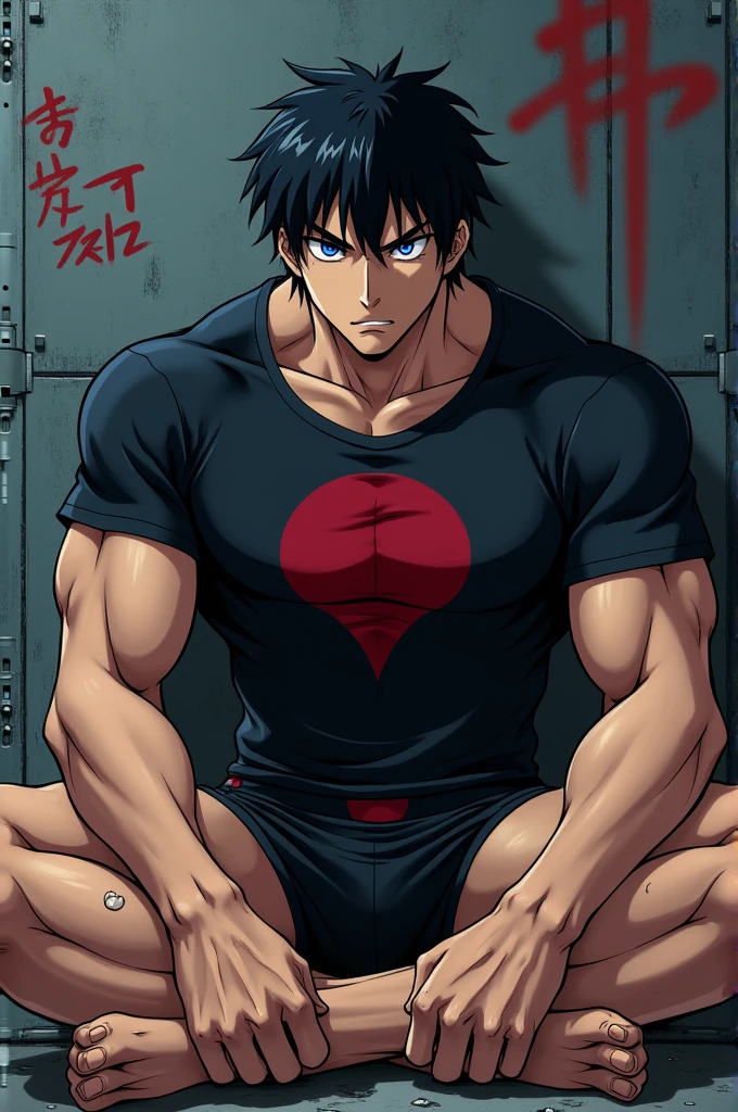 Un garçon dans le style animé japonais musclé il a des cheveux noirs et il fait les yeux bleus un peu en colère il porte un t-shirt serré de couleur noire avec un logo rouge au milieu il porte une veste noire il porte un boxer noir un peu déchiré il est assis par terre arrière-plan mur de graffiti sexy transpiration il fait nuit il y a une érection dan son boxer