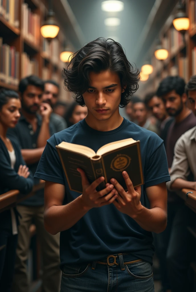 Make a cinematic , realistic image of Pakistani teen guy with clean face and long curly hair wearing a t shirt and jeans
Explore the Books in library.behind him in a shocking audience giving thier reactions .he is sitting and still reading the book.4k aspect ratio of 16:9