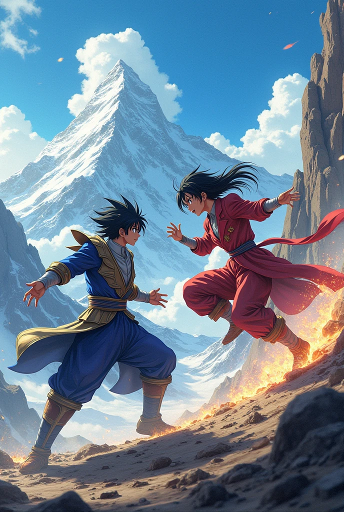 Two anima character fighting together on mountain  make a video on it
