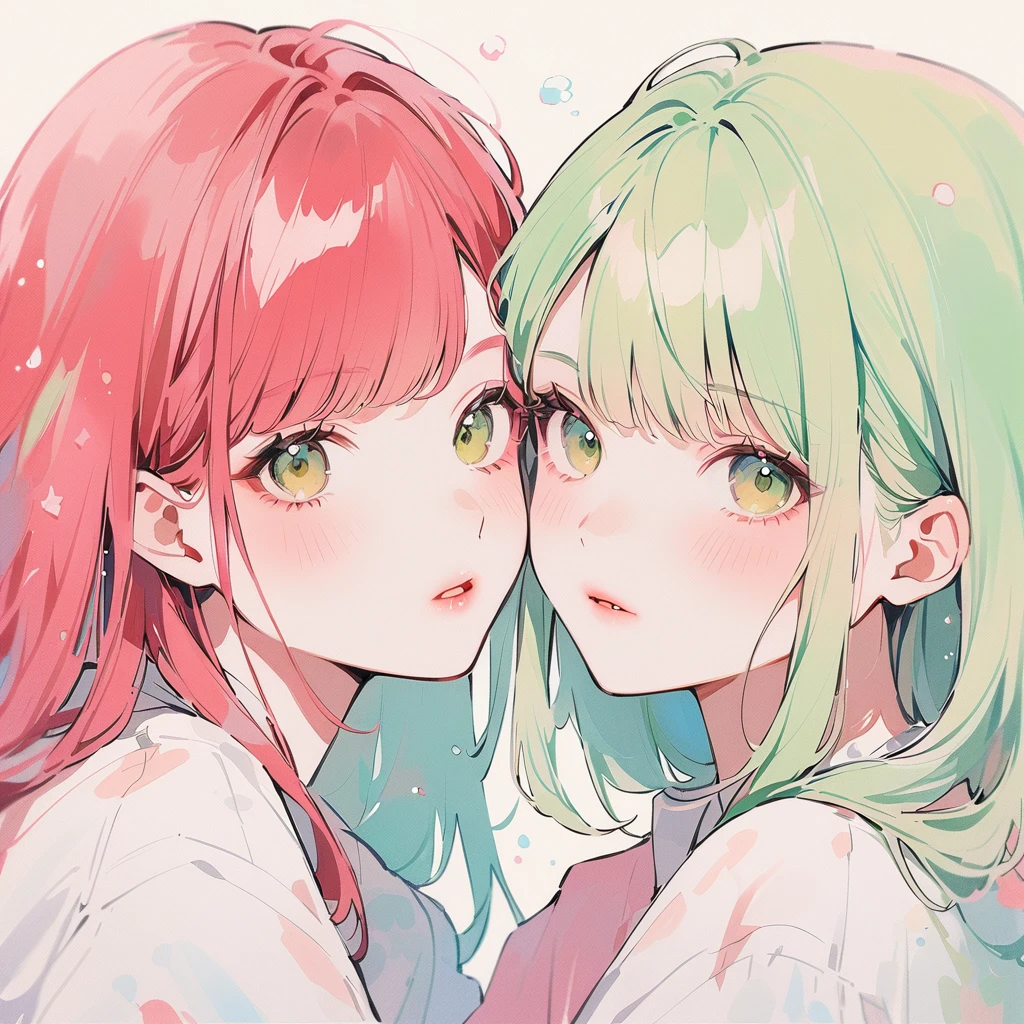 A red–haired girl and a green-haired girl Watercolor、pale colour、