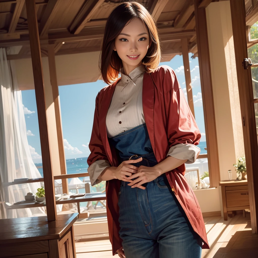 (best quality,4k,8k,highres,masterpiece:1.2),ultra-detailed, 3 Japanese woman, gyaru, five foot five inches tall, ginger colored hair, mole by her left eye, blue button up blouse, maroon jeans, large swollen breasts, wide hips, dancing around mid-western suburban american house, seductive pose, smiling lustfully, looking at viewer lovingly, ((intricate detail)),(((realism))), HDR, 8k, absurdres, cinestill 800, sharp focus, add_detail:2, (solo, woman)
