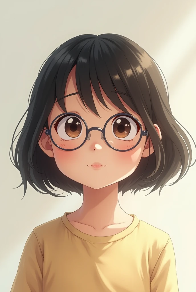 a Japanese girl child with bob haircut and wearing glasses