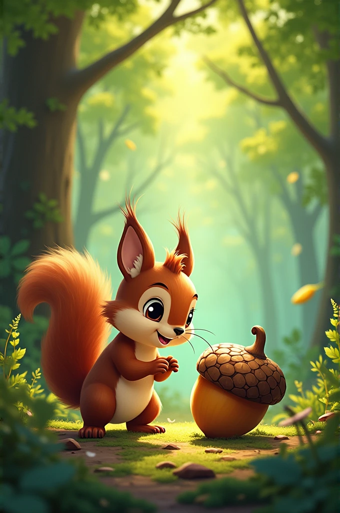 In a big forest Sammy the squirrel found an acorn