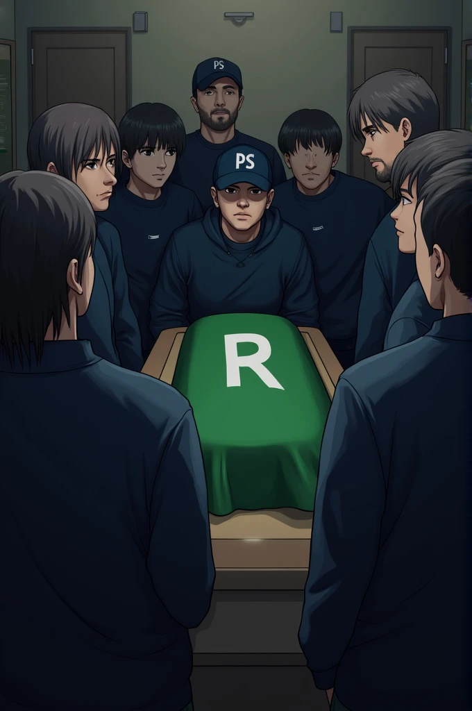 Create a realistic image of some people at a wake wearing dark blue sweatshirts and a blue cap with the initials PS on the cap and a green flag with the initials R on the coffin.I.P XBOX.