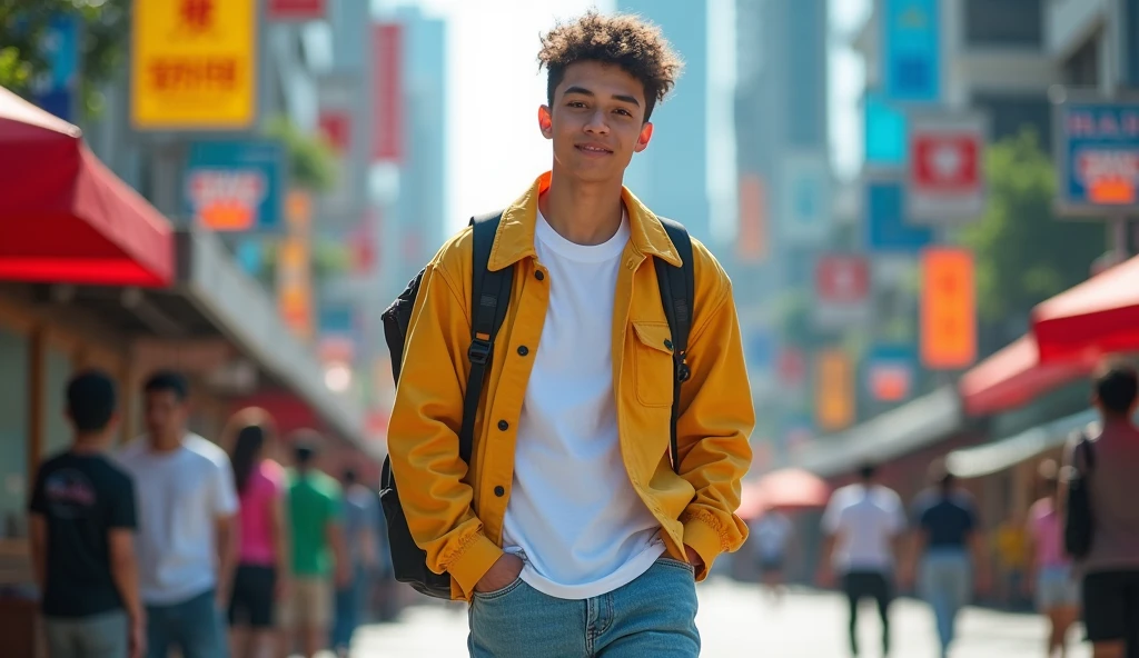A high-resolution wide-angle Thai young Age17-18 photograph of a cheerful and cool model outfit in a white t-shirt with a hiphop jacket over it, paired with baggy jeans. He is carrying a backpack in a color that complements her outfit and posing in City. The photo is taken with a Canon R5 camera, ensuring that the entire image is in sharp focus, capturing the vibrant colors and the expansive, lively atmosphere of the park.