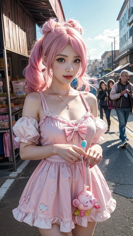 a woman with pink hair standing in front of a market with lollipops, candy girl, candy - coated, cotton candy, made of cotton candy, anime girl cosplay, candy, anime girl in real life, candyland, bubblegum body, belle delphine, candy land, kawaii vibe, bubblegum, made of candy, anime cosplay, anime girl, ultrarealistic sweet bunny girl, cute kawaii girl, candy colors, lollipop