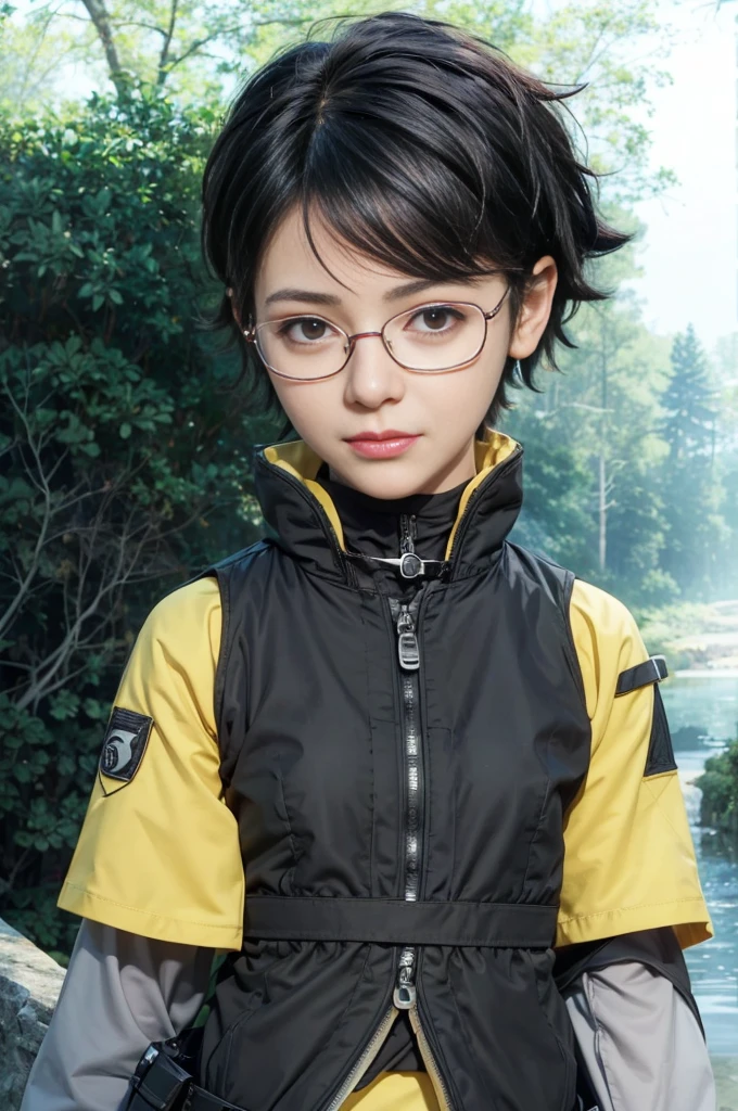 masterpiece, best quality, (realistic,photo-realistic:1.4), (RAW photo:1.2), extremely detailed CG unity 8k wallpaper, delicate and beautiful, amazing,finely detail, official art, absurdres, incredibly absurdres, huge filesize, ultra-detailed,extremely detailed eyes and face,light on face,sarada,(little smile:1.2),(black hair:1.4),(wearing tactical gear:1.5),(very short hair:1.4),nature,sarada uchiha ,(wearing glasses:1.4),(narure background:1.4),belt