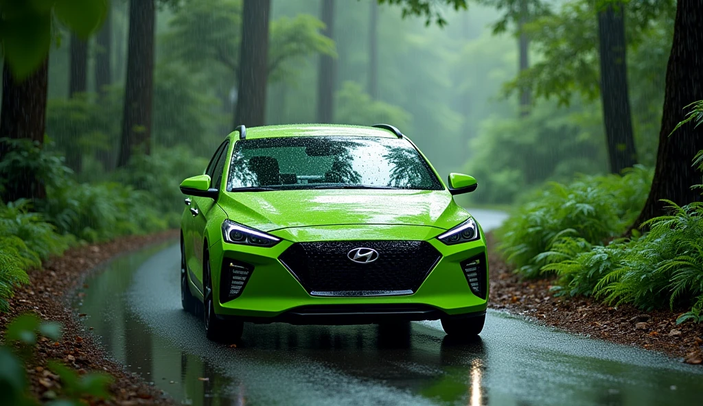 hyundai ioniq 5 green colour on the road of forest with rain