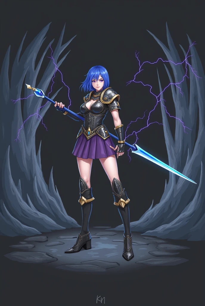 woman warrior, medium hair blue with iridescent highlights, purple eyes, Scars on the hands, black steel realistic chest plate, purple skirt, chainmail pants, shoulder pads, blue spear, black steel boots with gold plating, trees made of ice, lightning, gloomy atmosphere, masterpiece
